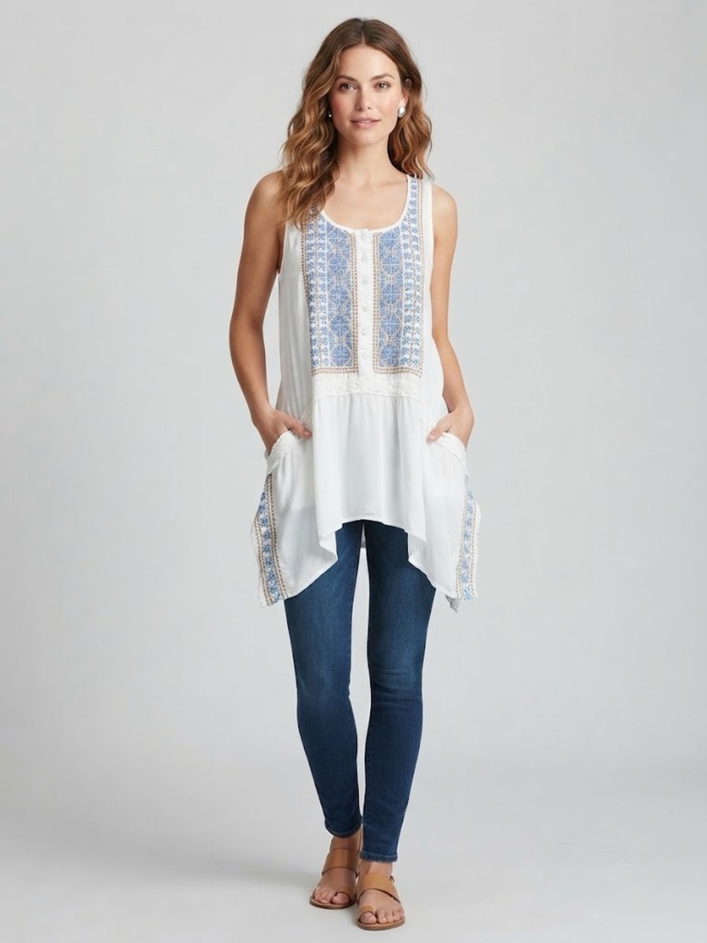Karen Kane White Asymmetrical Tank Tunic with Blue Embroidery and Lace